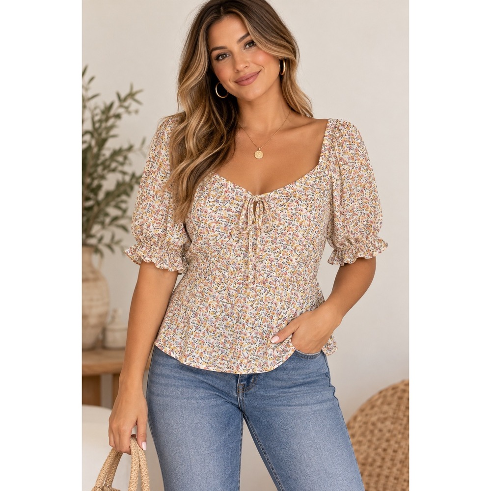 Sienna Sky Floral Puff Sleeve Peplum Top Sweetheart Tie Neck Keyhole Back Large